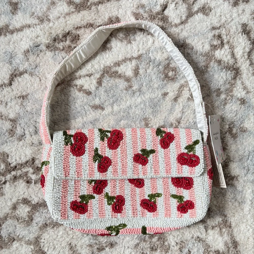 Cherry Beaded Shoulder Bag in Cream and Pink